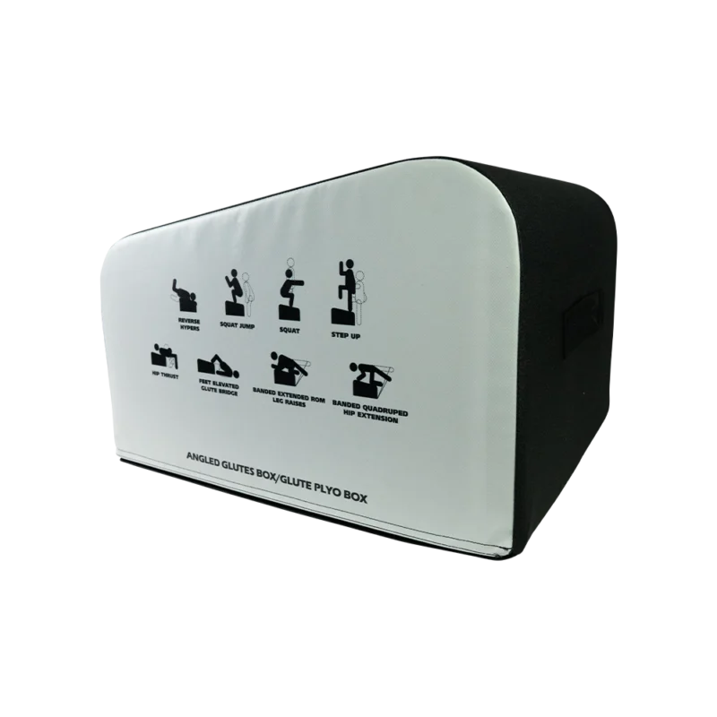 Profesjonalna skrzynia do ćwiczeń hip thrust ANGLED GLUTES BOX 4GRADE z planszą z ćwiczeniami.