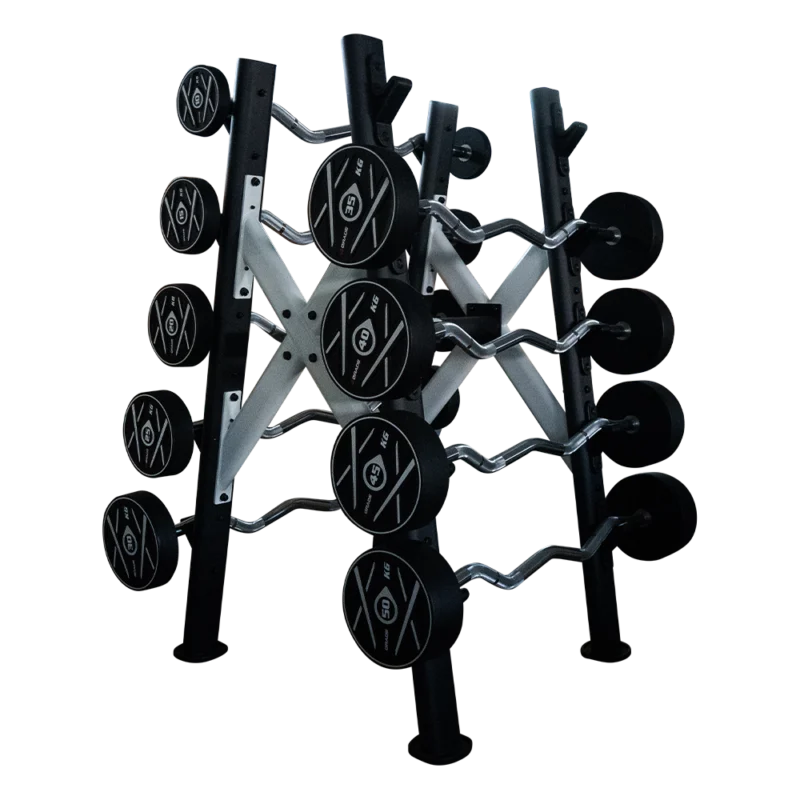 Profesjonalny stojak na sztangi 4GRADE z 10 sztangami, gotowy do użycia.
