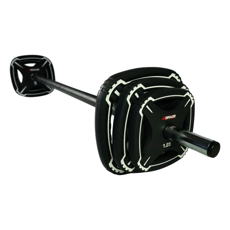 Zestaw do ćwiczeń Body Pump 4GRADE 20 kg, zawierający sztangę i talerze TPU.