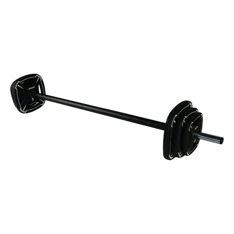 Zestaw do ćwiczeń Body Pump 4GRADE 20 kg, zawierający sztangę i talerze TPU drugi rzut.