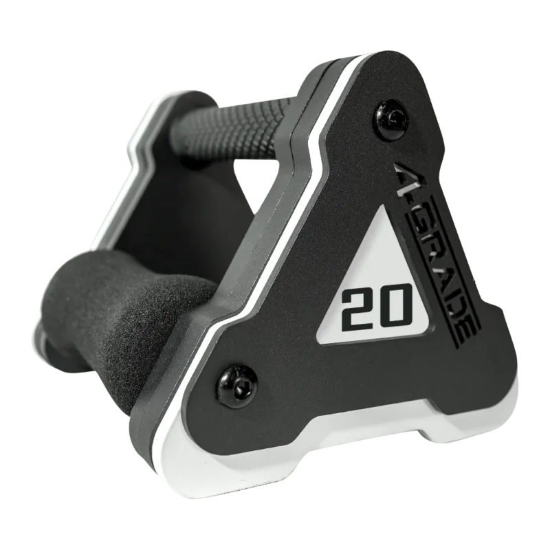 Czytelne oznaczenie wagi "20KG" na boku hantli