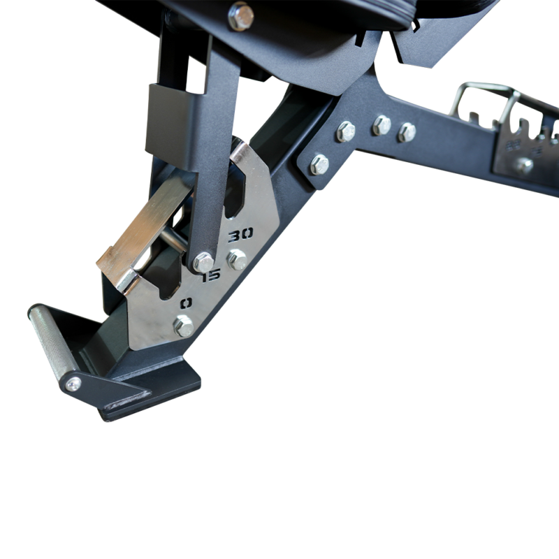 Regulacja oparcia ławki treningowej od skosu ujemnego do pionu i detale