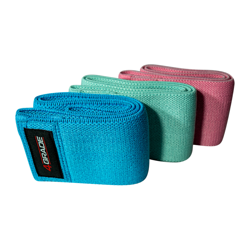 Zestaw trzech materiałowych gum oporowych Hip Band 4Grade różowa, niebieska, zielona